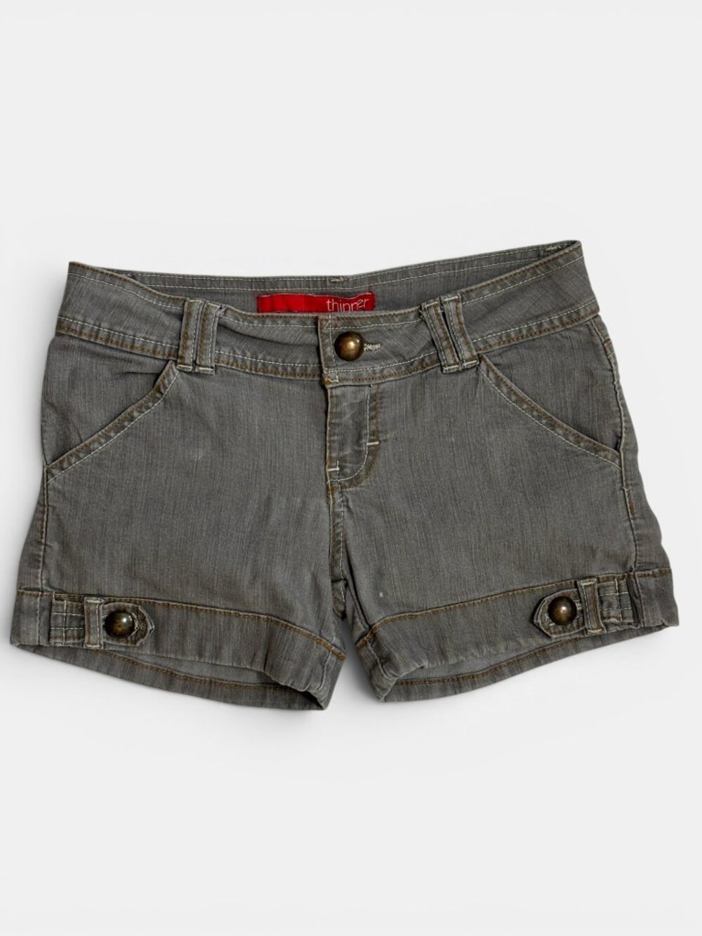 Thinner Gray Stretch Denim Shorts Womens Juniors Sz 3 Low Rise Button Tab Cuffed